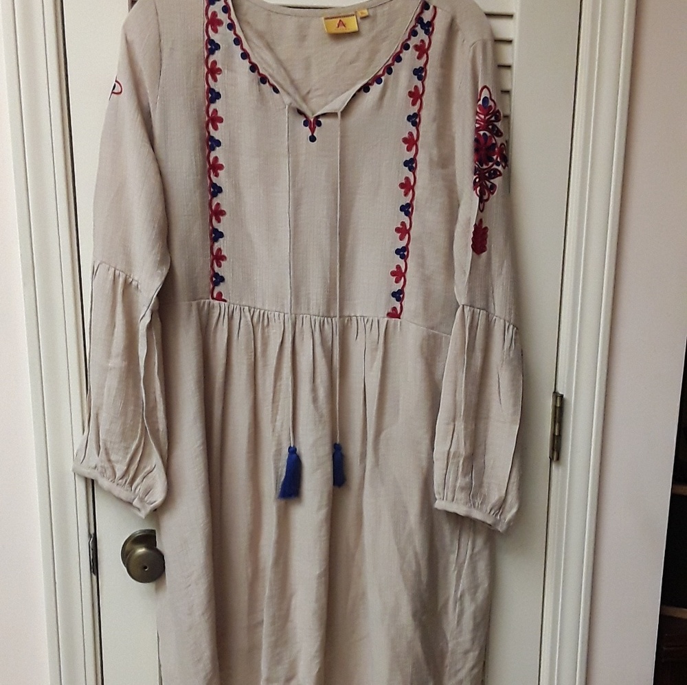 Artesa Boho Cream Red Embroidered Flowy Dress XL